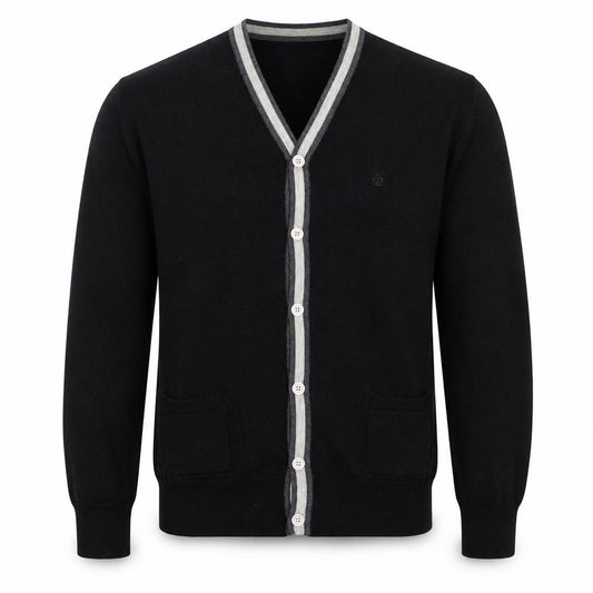 Front view of Jeff Banks Men Black M Merino Wool V-Neck Button Cardigan