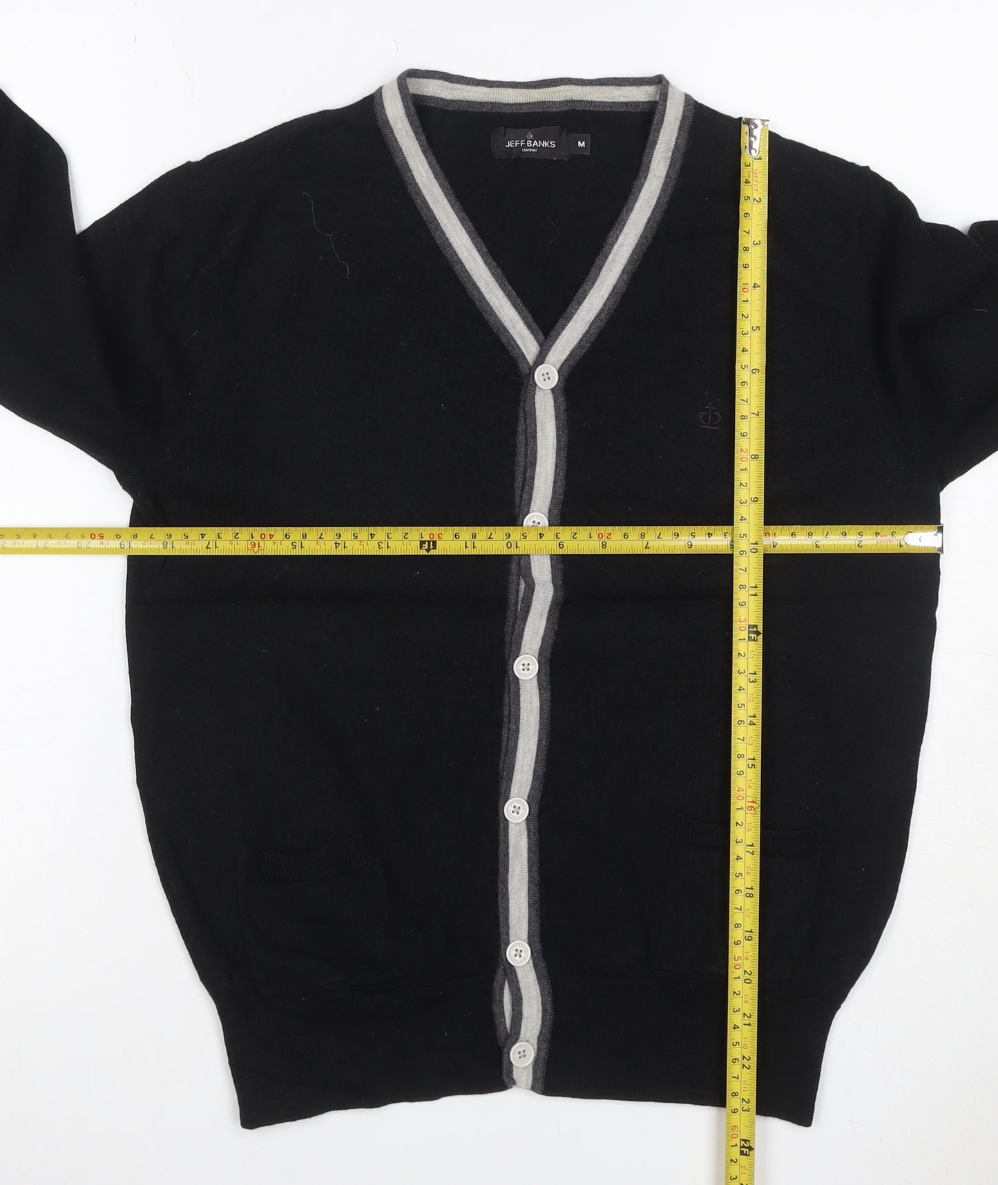 Jeff Banks Men Black M Merino Wool V-Neck Button Cardigan