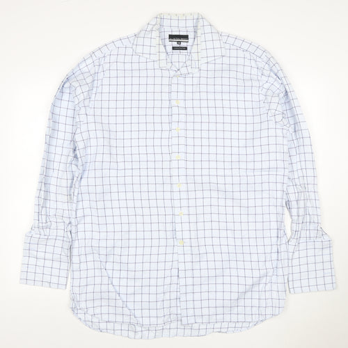 Austin Reed Men White Blue Check Cotton Shirt 16R Regular Long Sleeve