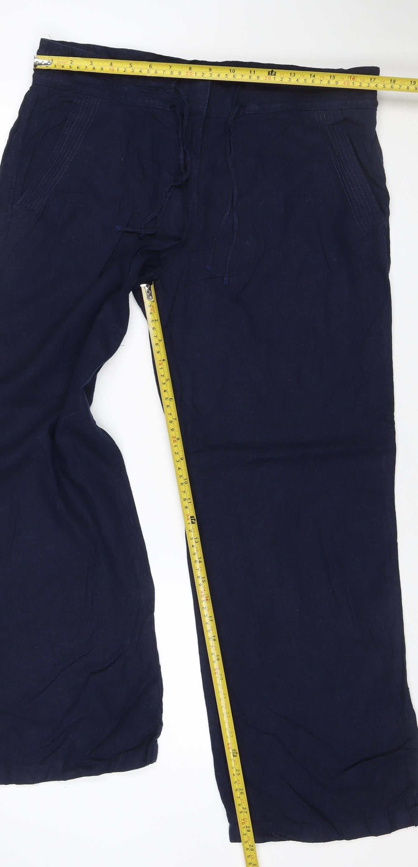 Next Women’s Blue Linen Viscose Drawstring Trousers UK 14 Pockets