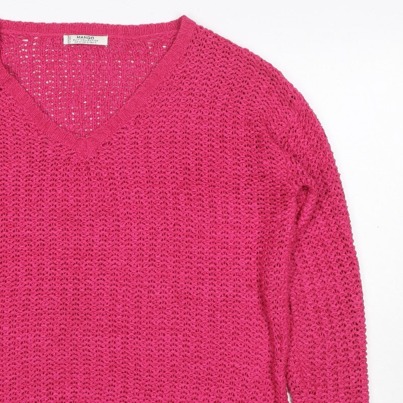 Mango Women’s Pink Size S V-Neck Open Knit Pullover Jumper