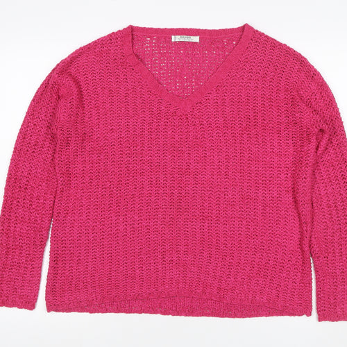 Mango Women’s Pink Size S V-Neck Open Knit Pullover Jumper