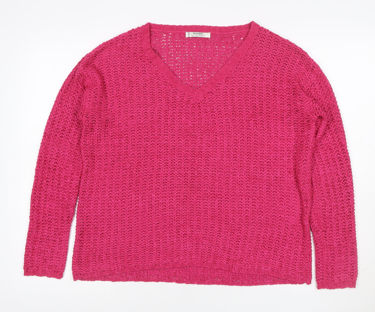 Mango Women’s Pink Size S V-Neck Open Knit Pullover Jumper