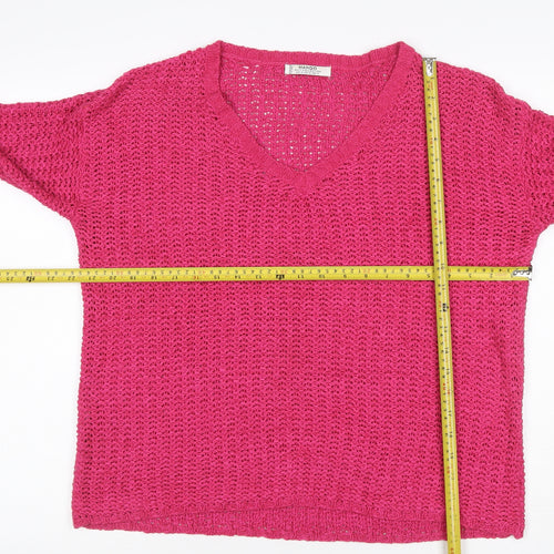 Mango Women’s Pink Size S V-Neck Open Knit Pullover Jumper