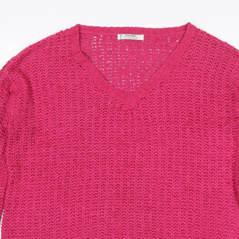 Mango Women’s Pink Size S V-Neck Open Knit Pullover Jumper