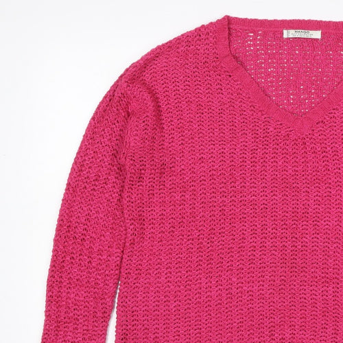 Mango Women’s Pink Size S V-Neck Open Knit Pullover Jumper