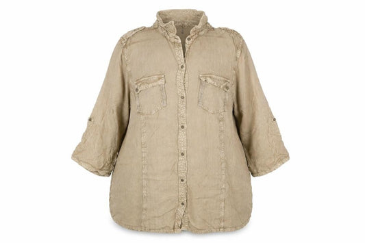 Front view of Kass Women’s Beige, size UK 18, Viscose Roll Tab Tunic Shirt