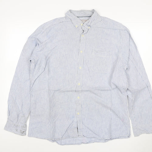TU Men’s Blue White Striped Linen Cotton Button-Down Shirt L