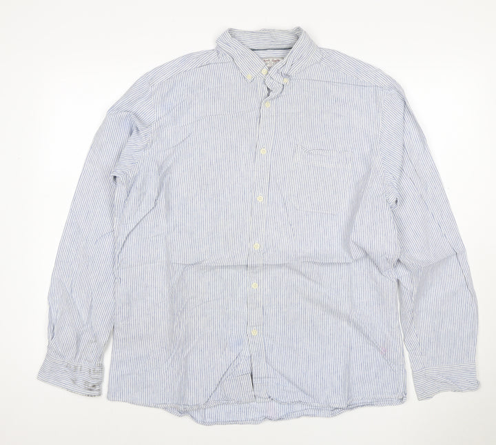 TU Men’s Blue White Striped Linen Cotton Button-Down Shirt L
