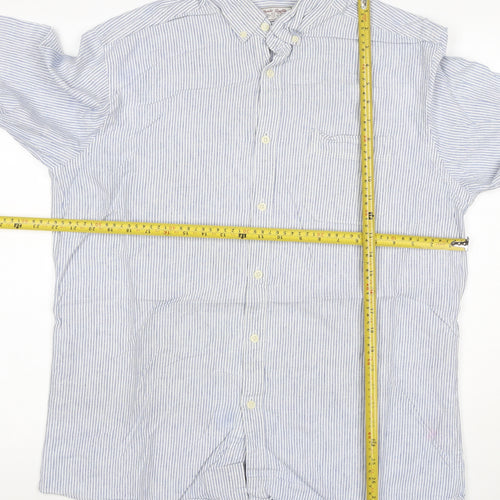 TU Men’s Blue White Striped Linen Cotton Button-Down Shirt L