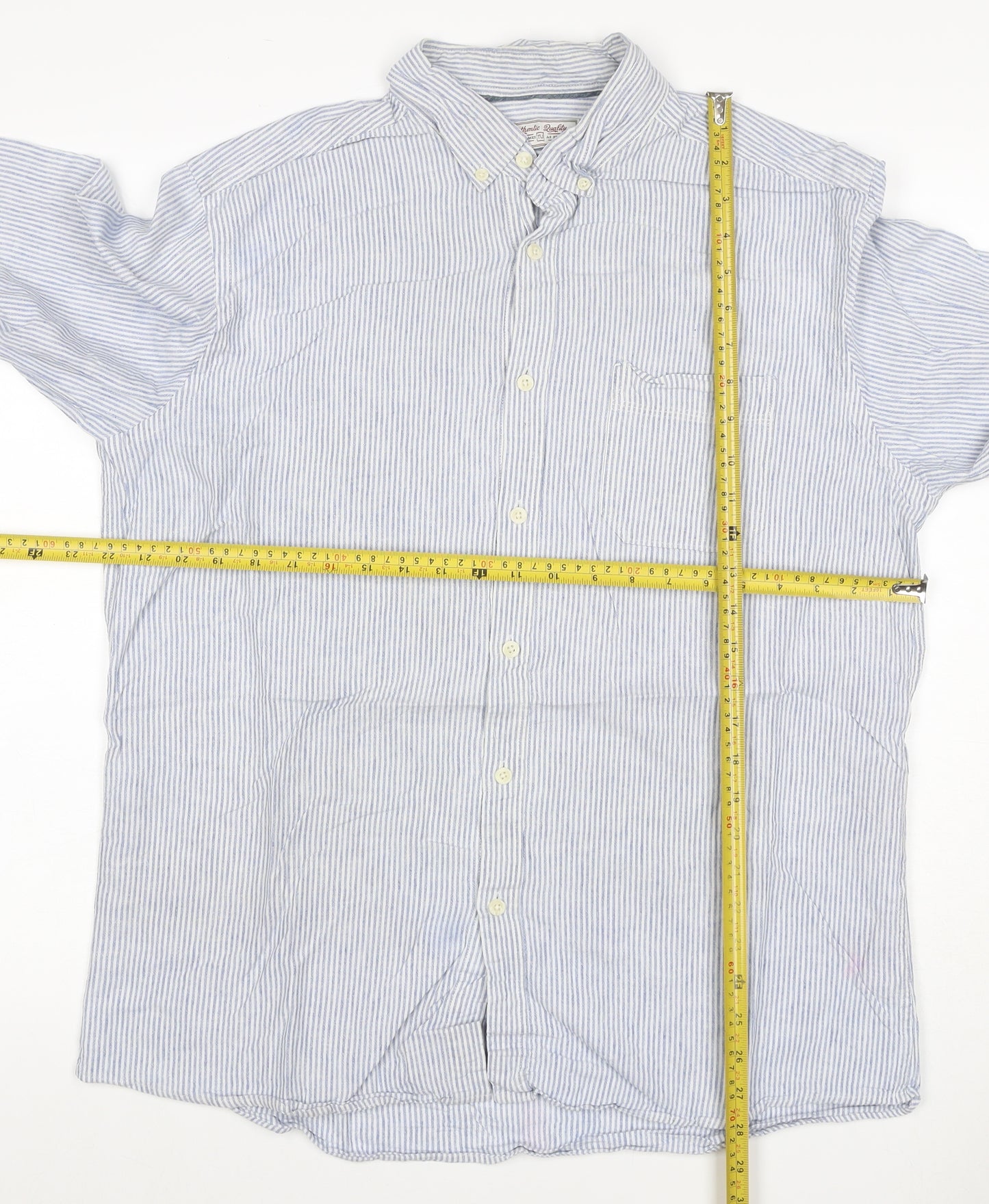 TU Men’s Blue White Striped Linen Cotton Button-Down Shirt L
