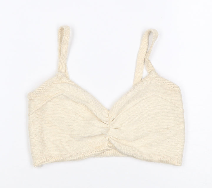 Zara Women Ivory S Cropped Knit V-Neck Spaghetti Strap Tank Top