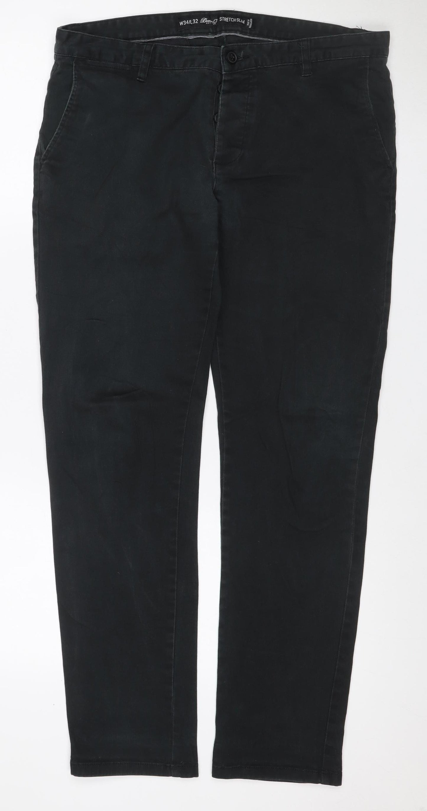 Denim Co Men's Black W34 L32 Stretch Slim Chino Trousers Cotton