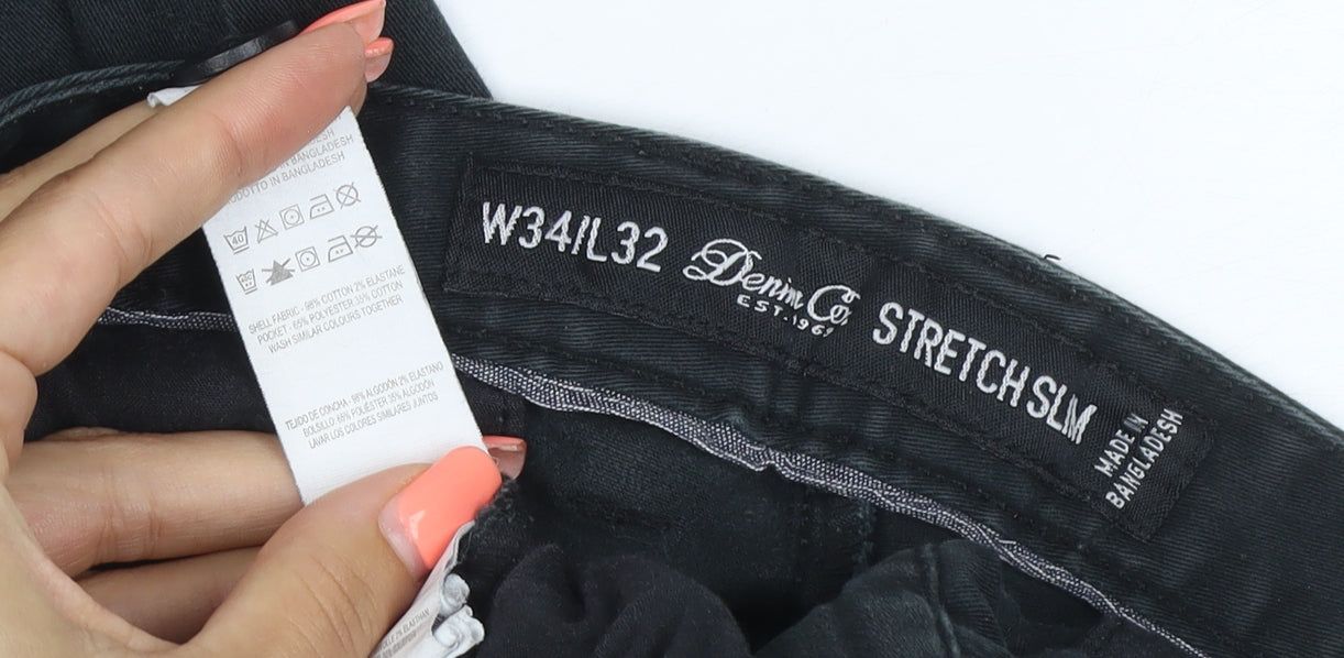 Denim Co Men's Black W34 L32 Stretch Slim Chino Trousers Cotton