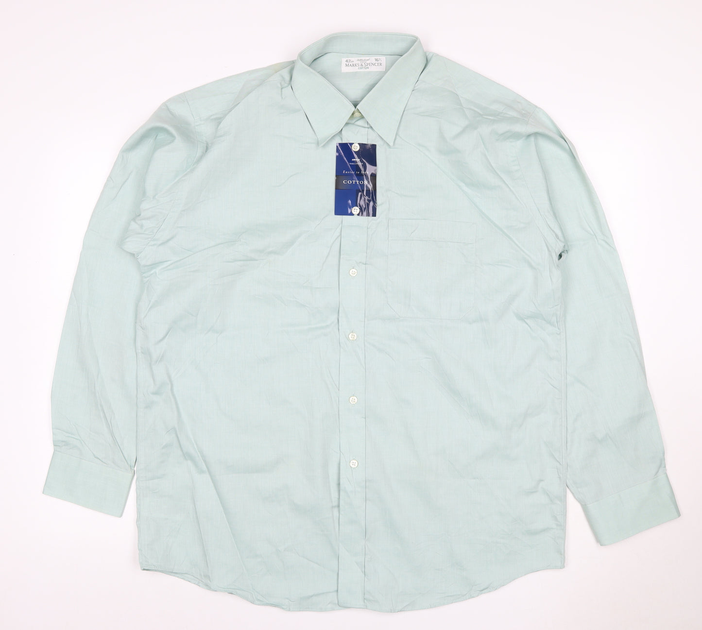 Marks & Spencer Men’s Green 16.5 Herringbone Cotton Button-Up Shirt