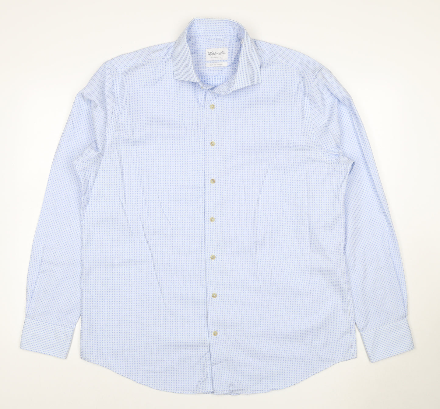 Michaelis Men Blue Slim Fit 44 17.5 Cotton Non-Iron Geometric Shirt