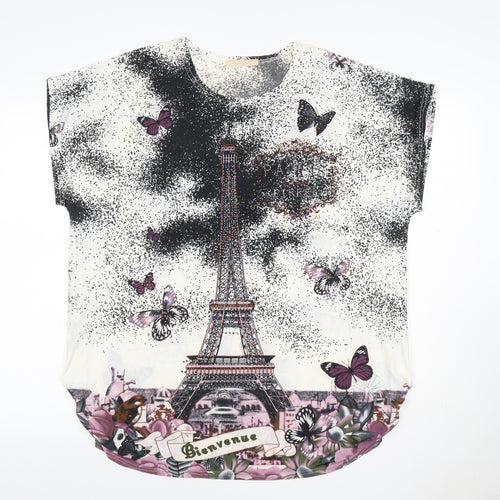 LIN.N.B. Women Ivory M Eiffel Tower Butterfly Rhinestone T-Shirt