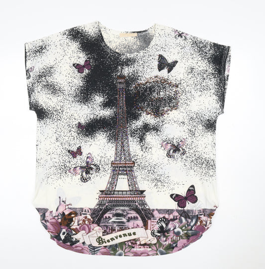 LIN.N.B. Women Ivory M Eiffel Tower Butterfly Rhinestone T-Shirt