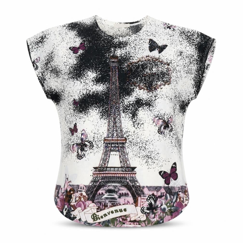 LIN.N.B. Women Ivory M Eiffel Tower Butterfly Rhinestone T-Shirt