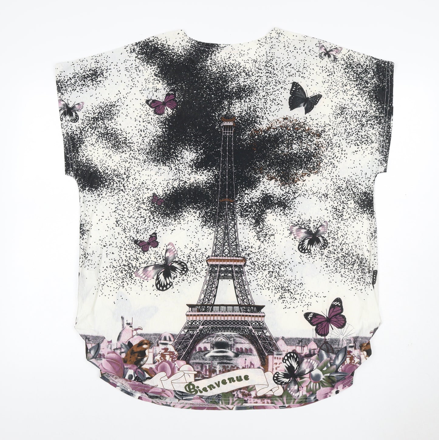LIN.N.B. Women Ivory M Eiffel Tower Butterfly Rhinestone T-Shirt