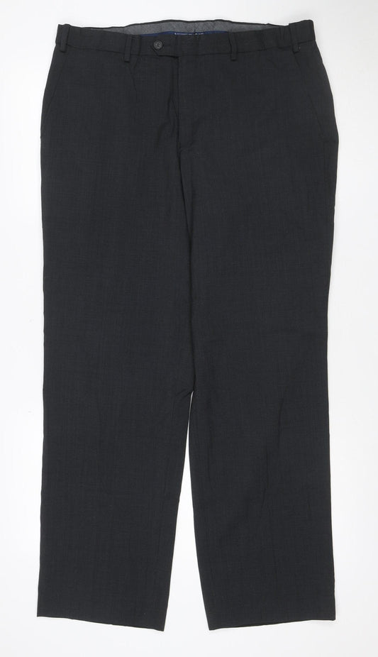 Marks and Spencer Men Black 36 Regular Fit Wool Blend Dress Trousers