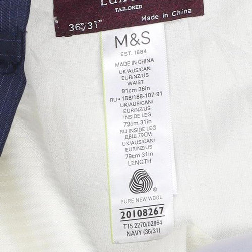 Marks and Spencer Men Blue Pinstripe Wool Dress Trousers 36in 31in
