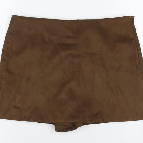 Zara Women Brown L Short Lined Zip Skort