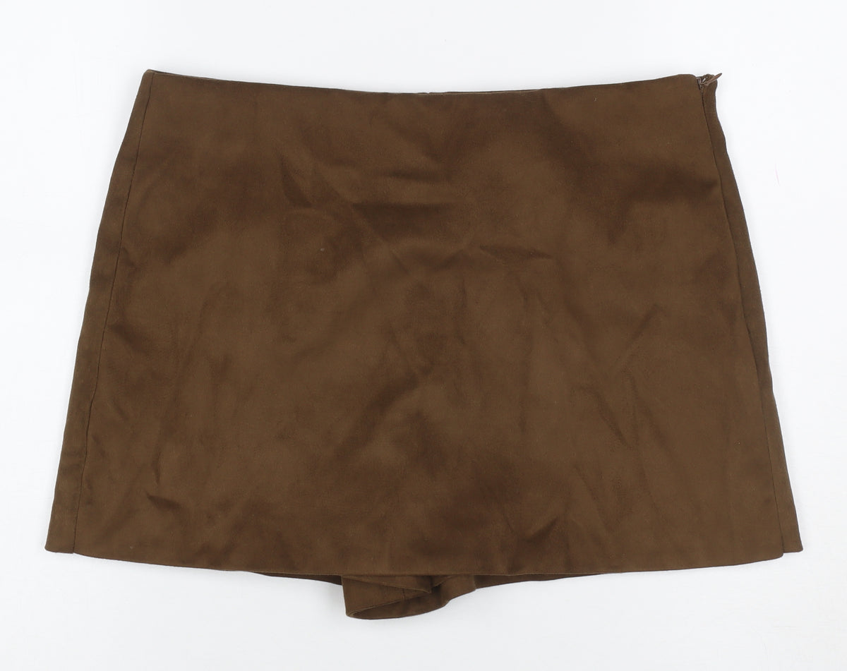 Zara Women Brown L Short Lined Zip Skort