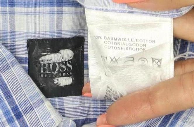 BOSS Hugo Boss Men Blue Check 7 Plus Button-Down Short Sleeve Shirt