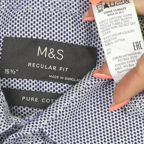 Marks & Spencer Men’s Blue 15.5 Regular Fit Geometric Cotton Shirt