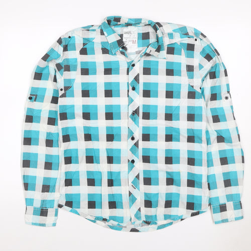 Mens M Turquoise Check Cotton Button-Up Long Sleeve Shirt