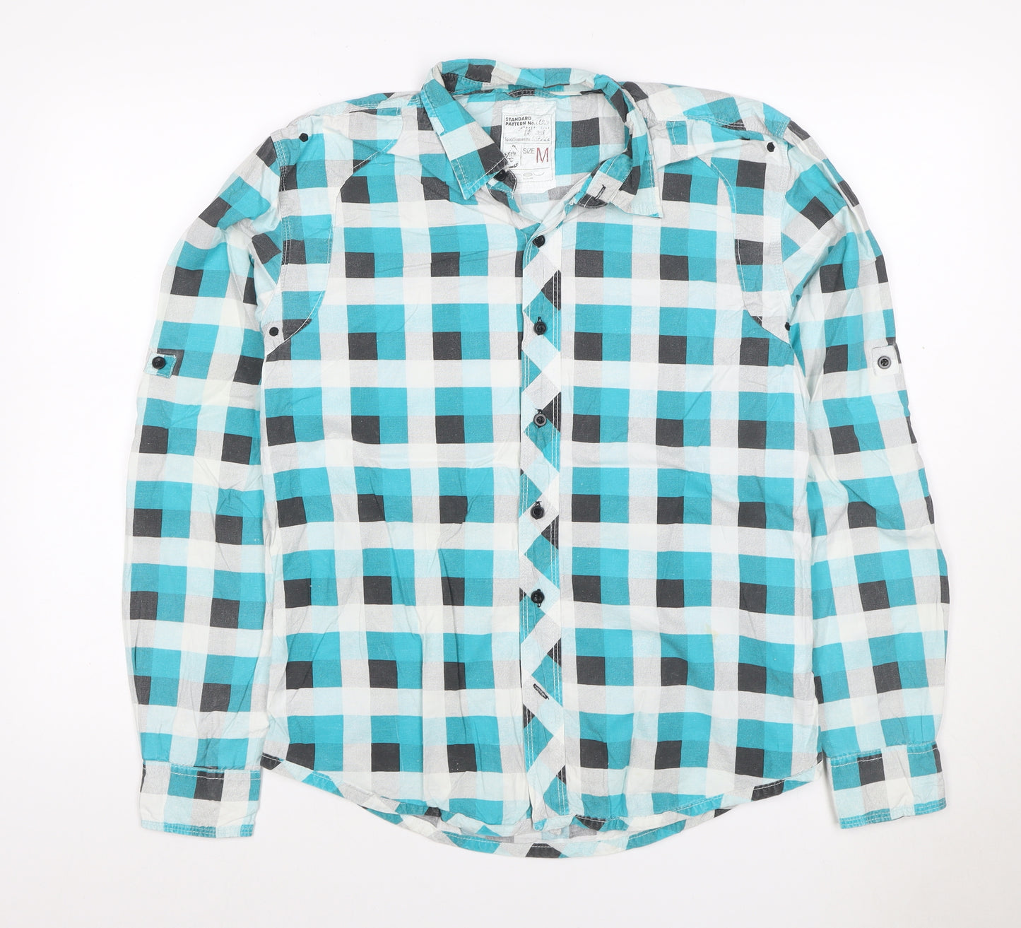 Mens M Turquoise Check Cotton Button-Up Long Sleeve Shirt
