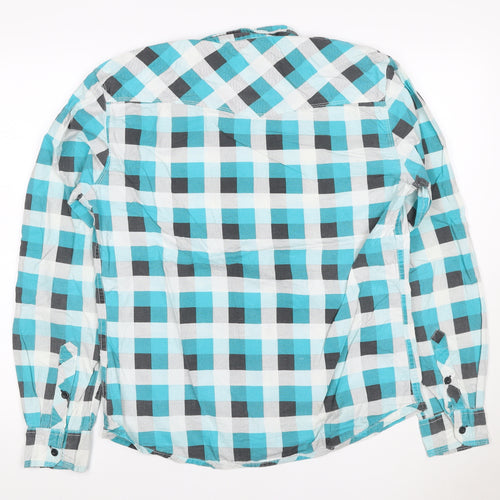 Mens M Turquoise Check Cotton Button-Up Long Sleeve Shirt
