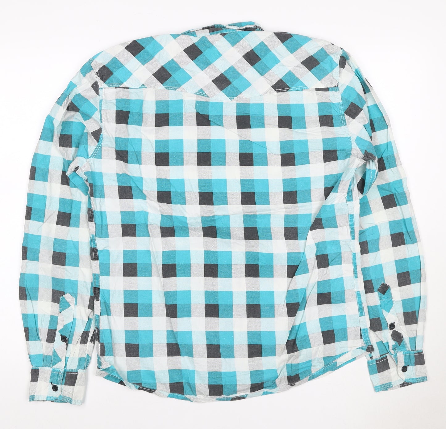 Mens M Turquoise Check Cotton Button-Up Long Sleeve Shirt
