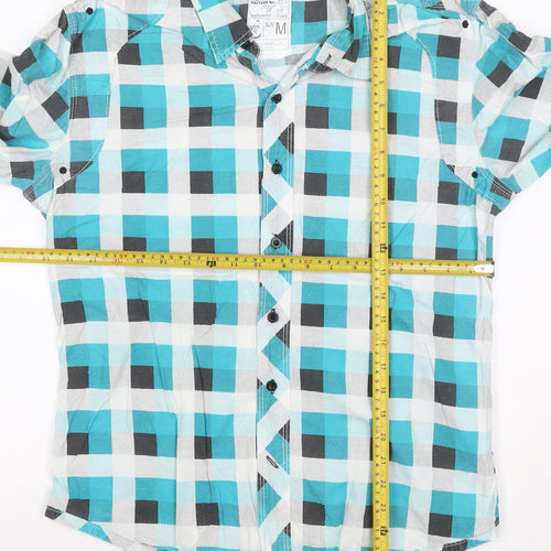 Mens M Turquoise Check Cotton Button-Up Long Sleeve Shirt