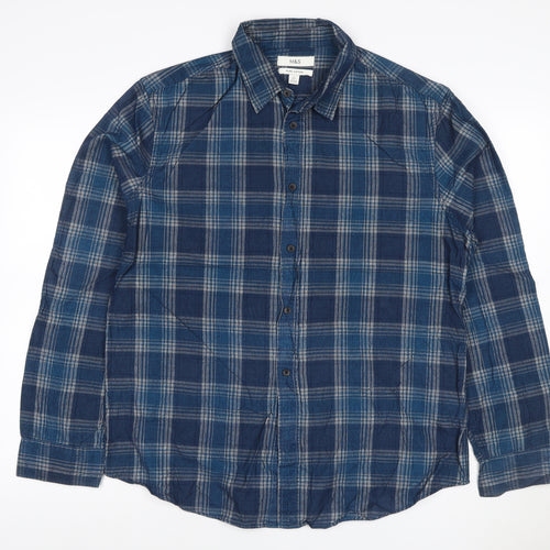 Marks and Spencer Men Blue Plaid Pure Cotton L Regular Button-Up Shirt