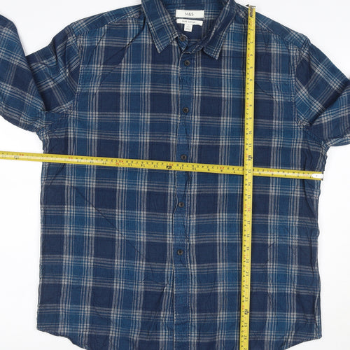 Marks and Spencer Men Blue Plaid Pure Cotton L Regular Button-Up Shirt