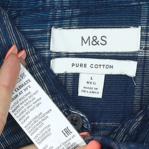 Marks and Spencer Men Blue Plaid Pure Cotton L Regular Button-Up Shirt