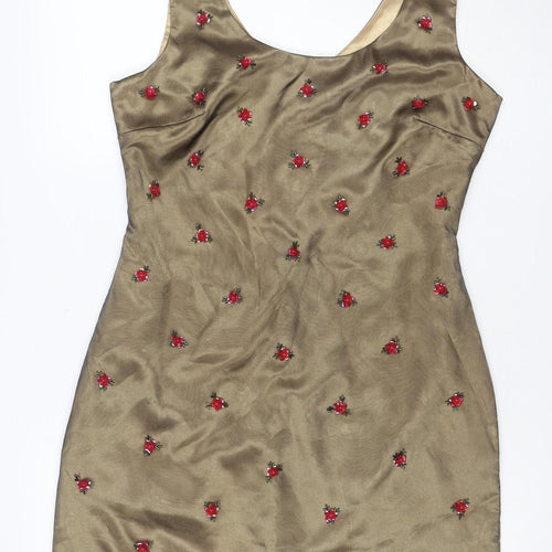 Miss Selfridge Women Brown Floral Embroidered Shift Dress UK 14