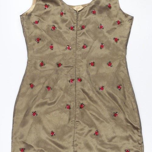 Miss Selfridge Women Brown Floral Embroidered Shift Dress UK 14