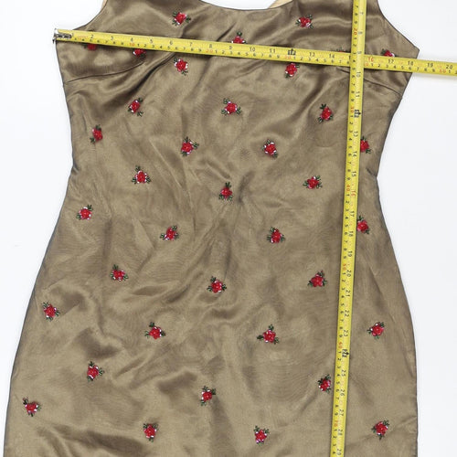 Miss Selfridge Women Brown Floral Embroidered Shift Dress UK 14
