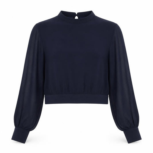 Front view of Coast Women’s Navy Blue UK 12 Cropped Sheer Balloon Sleeve Blouse