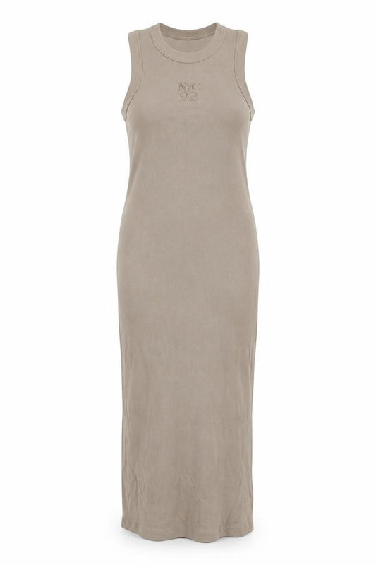 Front view of Next Women Beige UK 10 Ribbed Cotton Stretch Midi Tank Dress