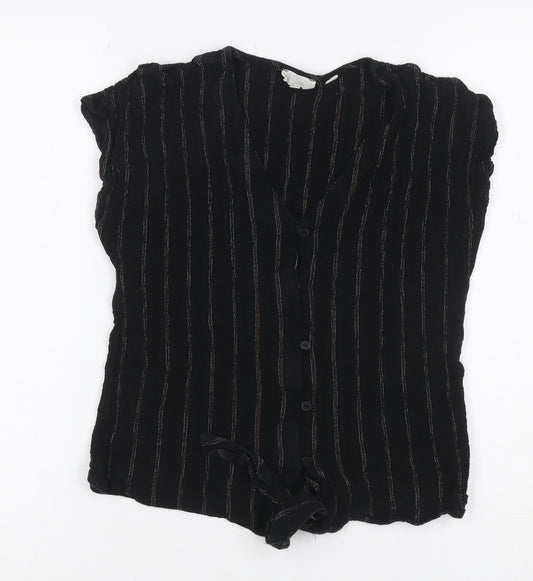 Fat Face Women’s Black Striped Tie Front Button-Up Blouse UK 10