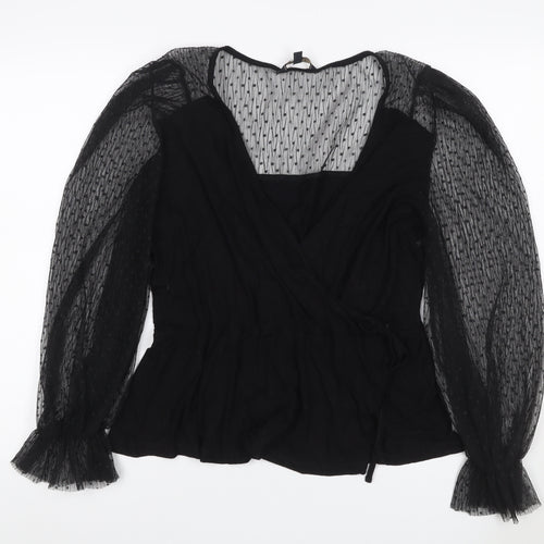 Lipsy Women’s Black UK 18 Wrap Blouse Sheer Mesh Balloon Sleeves