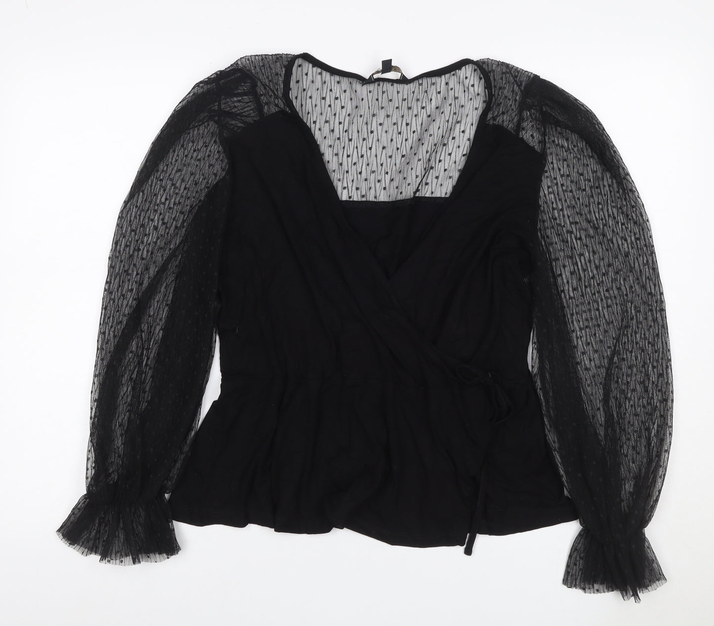 Lipsy Women’s Black UK 18 Wrap Blouse Sheer Mesh Balloon Sleeves