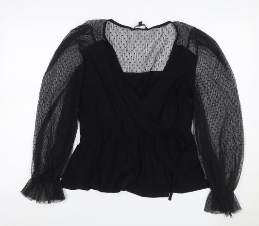 Lipsy Women’s Black UK 18 Wrap Blouse Sheer Mesh Balloon Sleeves