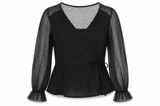 Front view of Lipsy Women’s Black UK 18 Wrap Blouse Sheer Mesh Balloon Sleeves