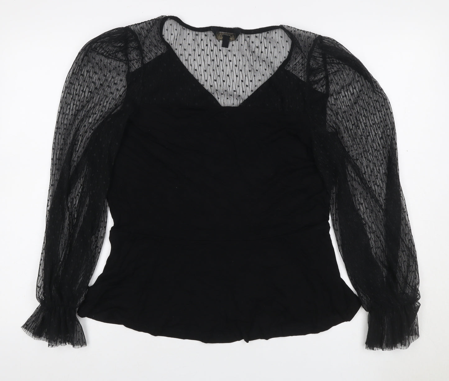 Lipsy Women’s Black UK 18 Wrap Blouse Sheer Mesh Balloon Sleeves