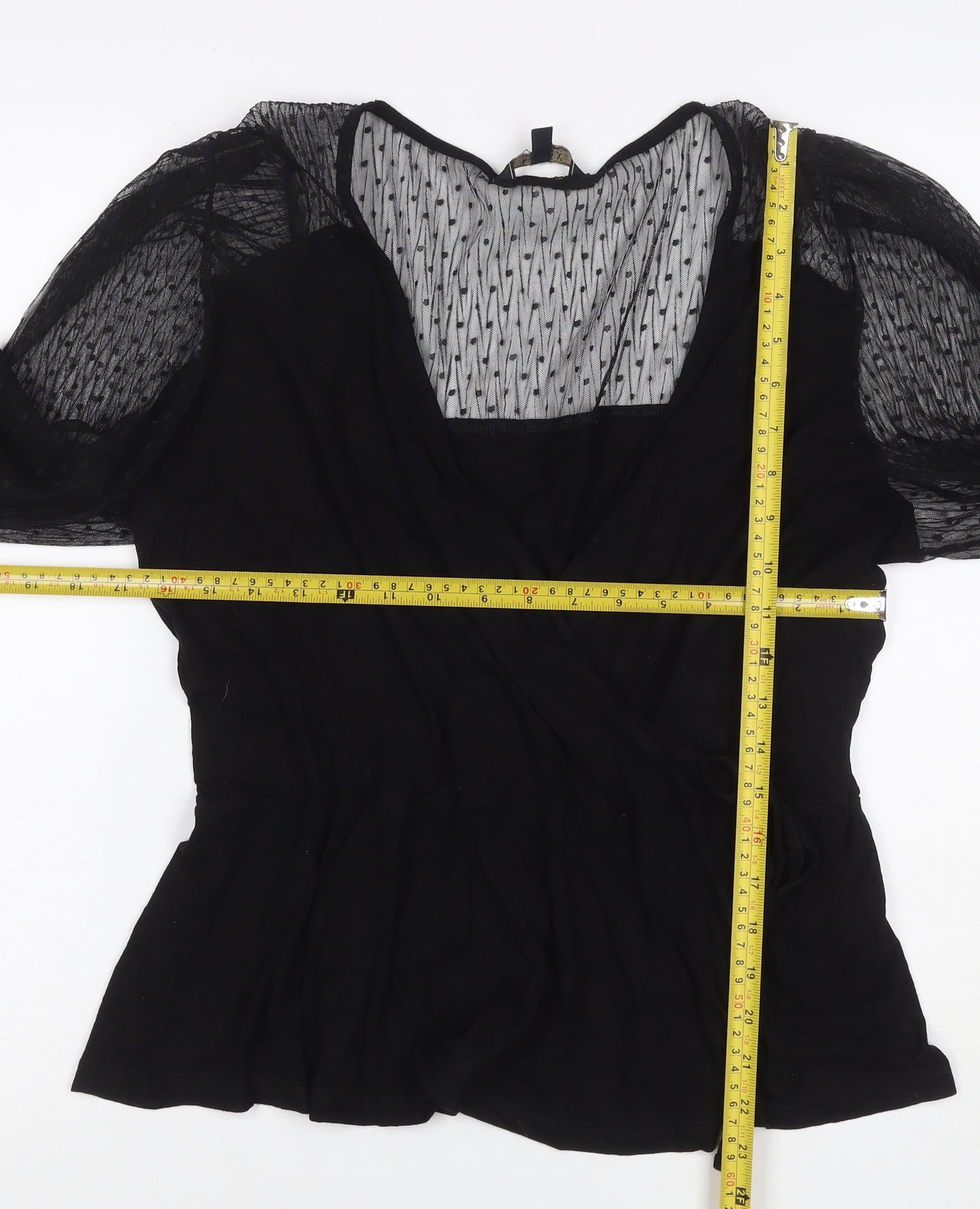 Lipsy Women’s Black UK 18 Wrap Blouse Sheer Mesh Balloon Sleeves